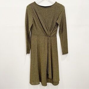 Donna Karan NY Gold Metallic Long Sleeve Fit & Flare Dress Size XS Side Knot